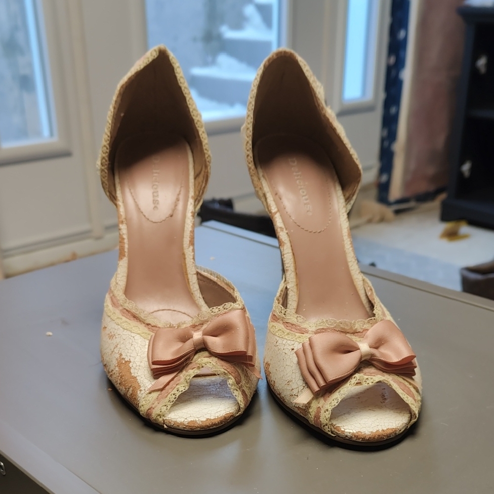 Delicious Cream and Pink Lace Heels with Bow
